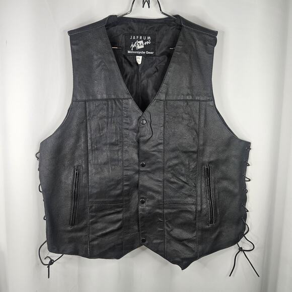 Jafrum Motorcycle Biker Black Leather Vest Side Laces Mens XL Inner Zip Pockets - Picture 1 of 9